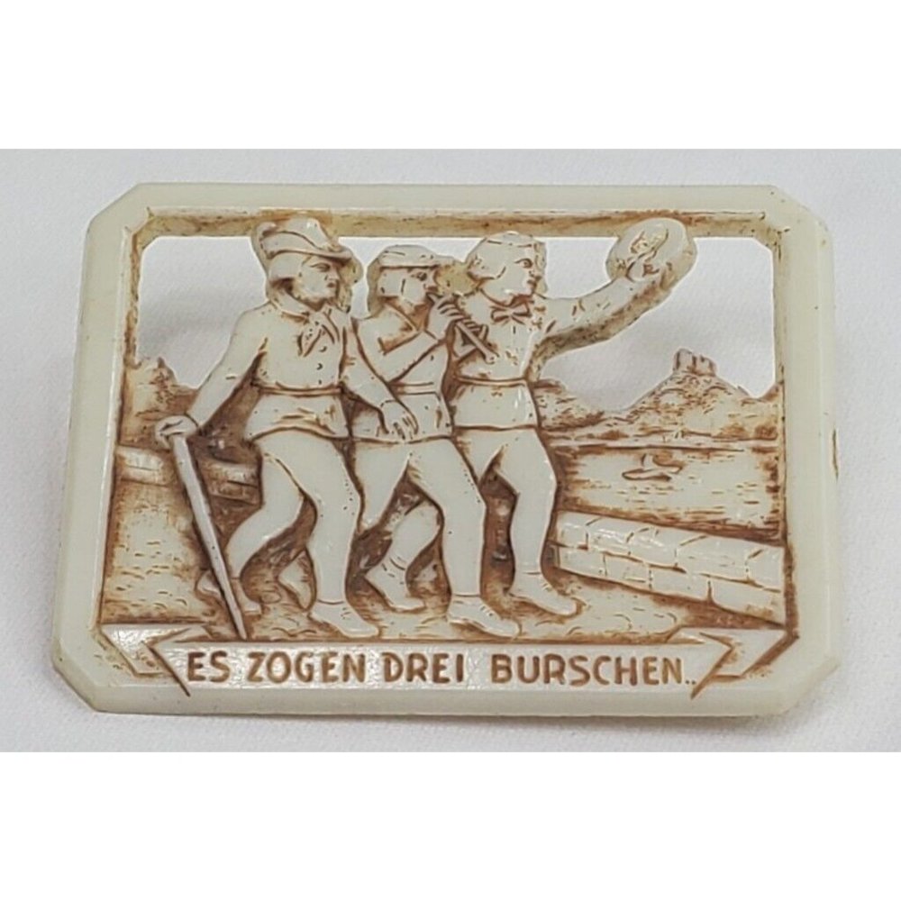 1920s German Celluloid Brooch Silent Film IT ATTRACTED THREE FELLOWS Pin Vtg